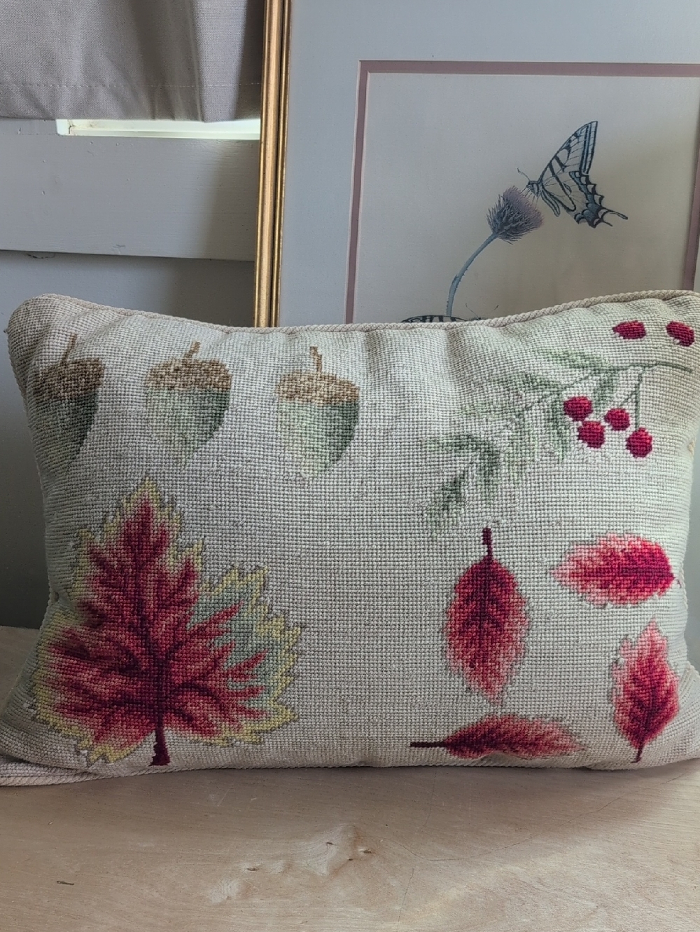needlepoint Pillow Autumn Leaf Decorative Pillow - Red & Green